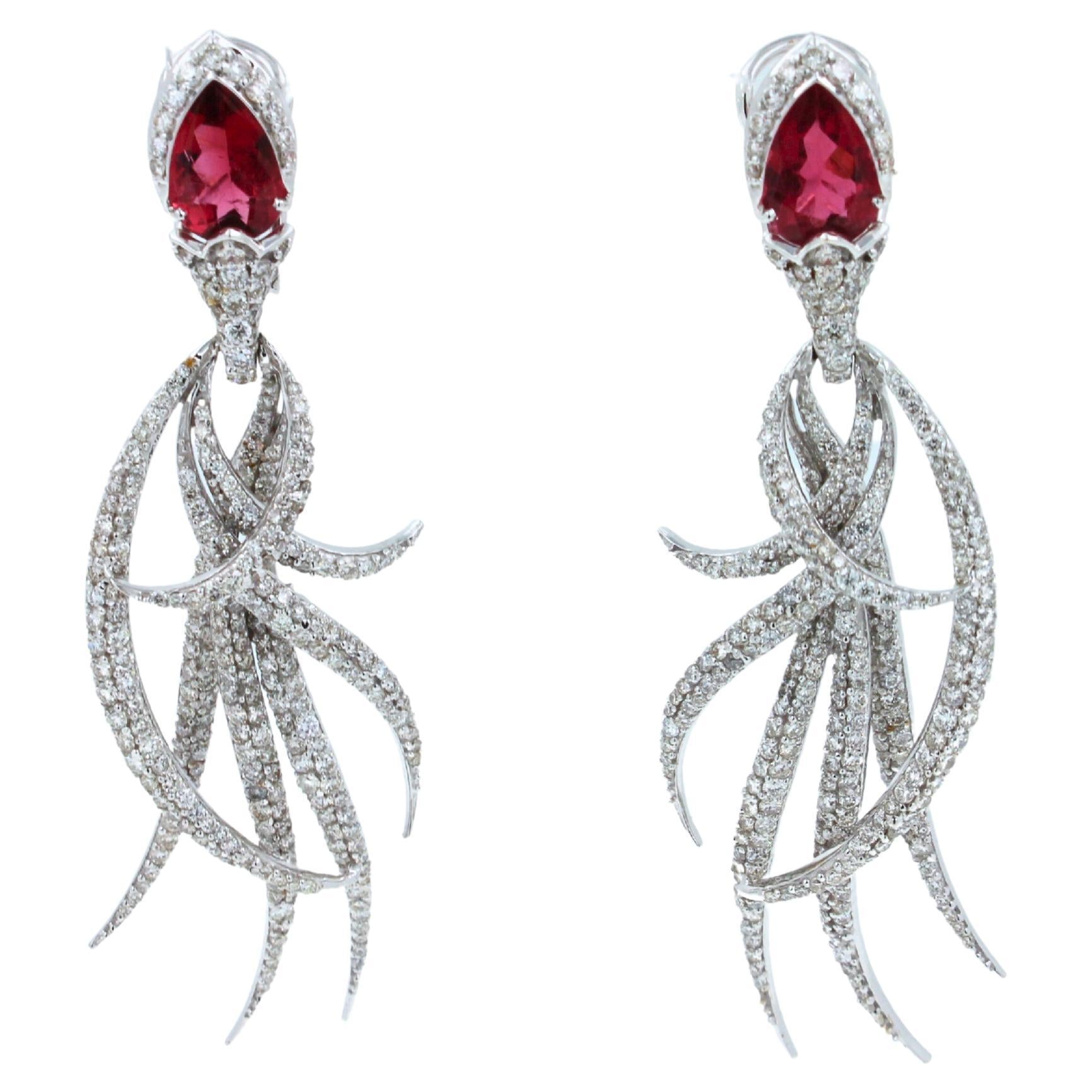 Red Pink Tourmaline Long Feather Diamond Drop 18k White Gold Earrings