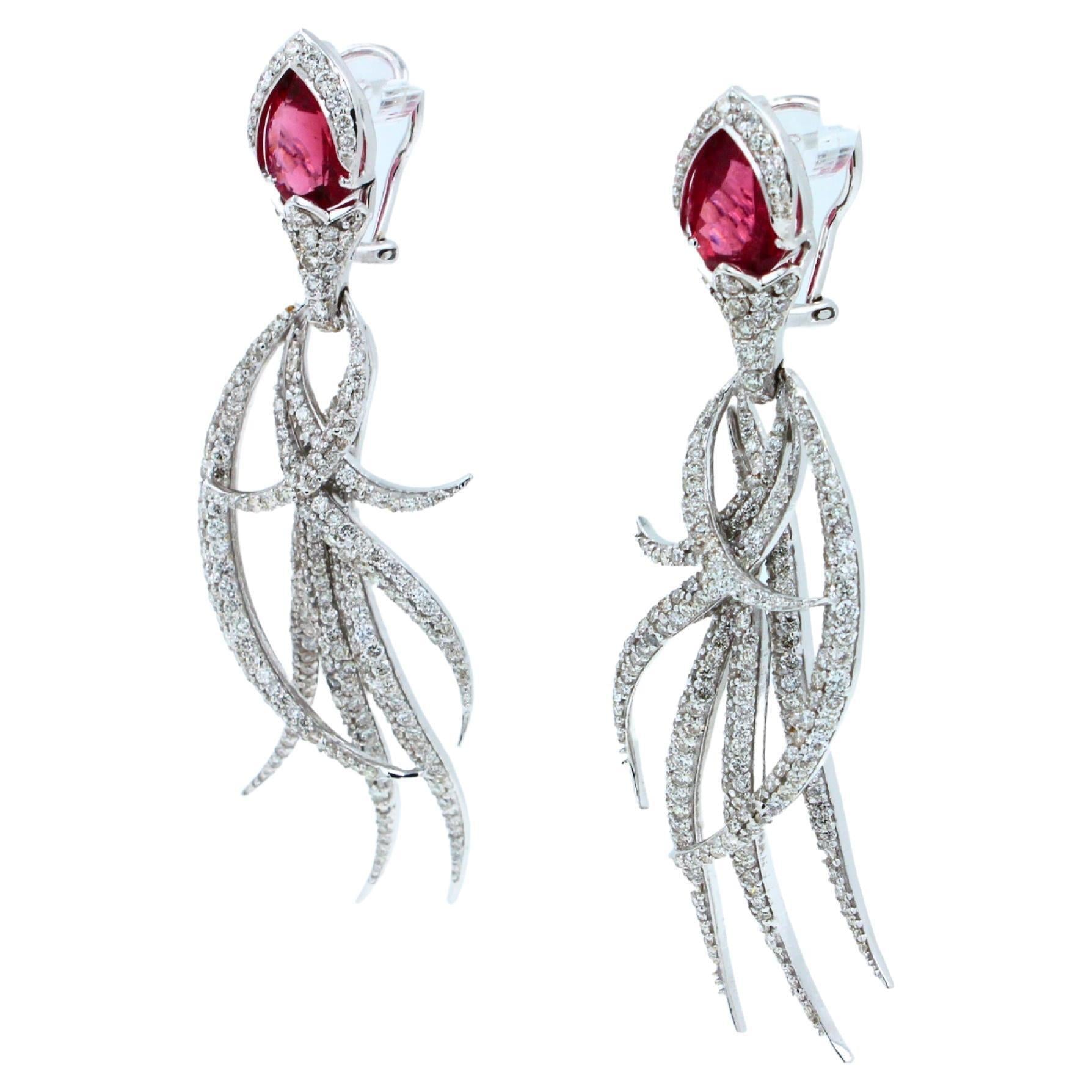 Red Pink Tourmaline Long Feather Diamond Drop 18k White Gold Earrings