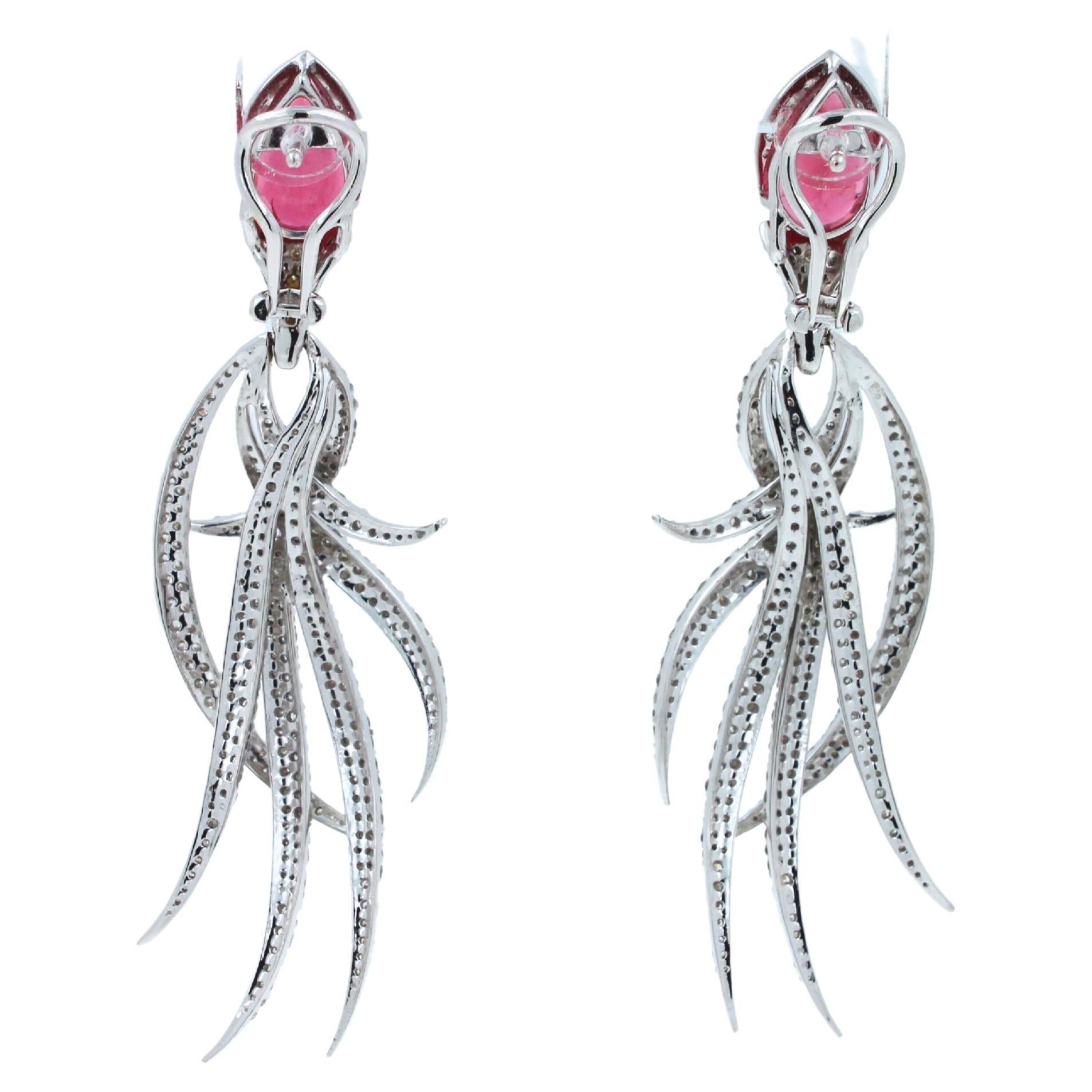 Red Pink Tourmaline Long Feather Diamond Drop 18k White Gold Earrings