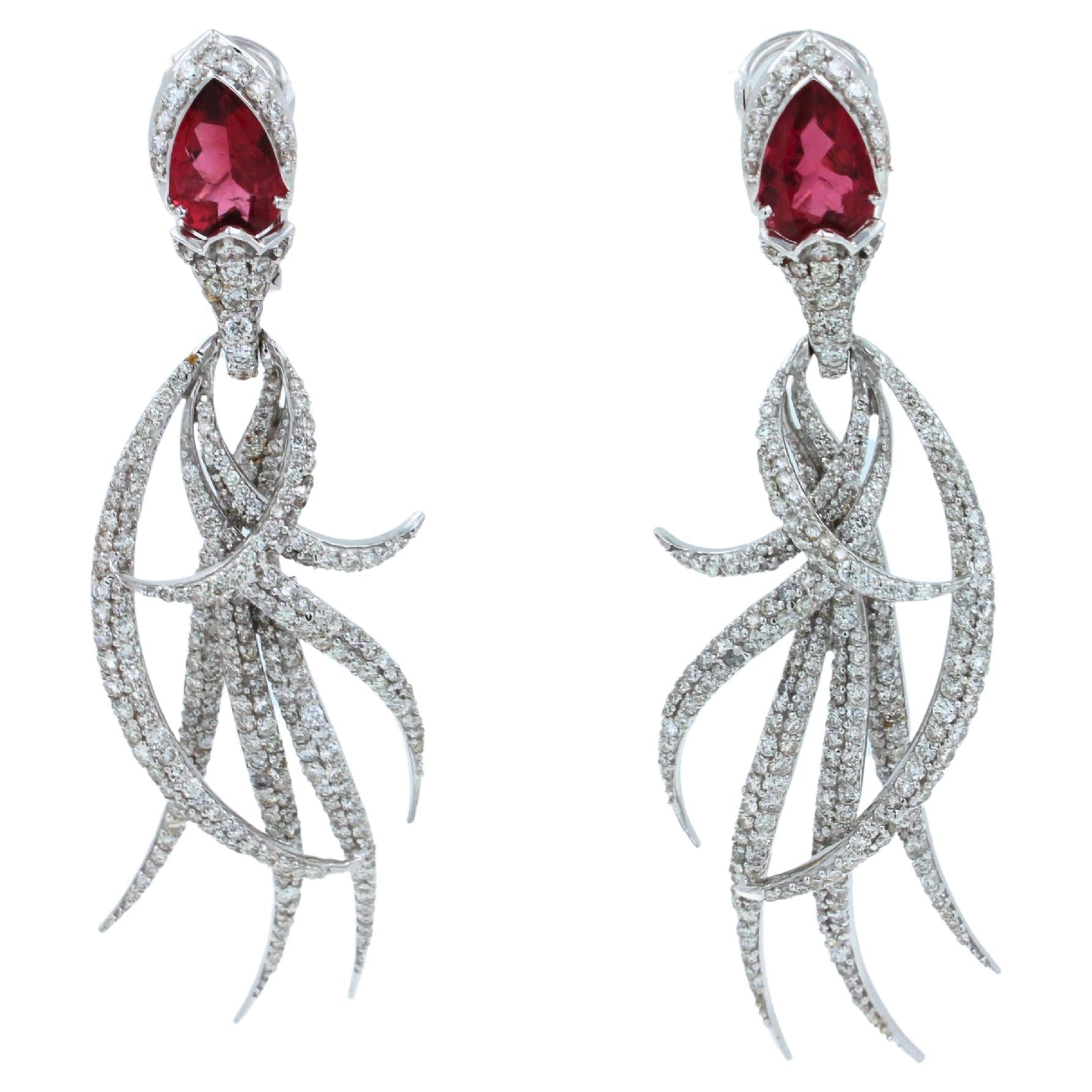Red Pink Tourmaline Long Feather Diamond Drop 18k White Gold Earrings