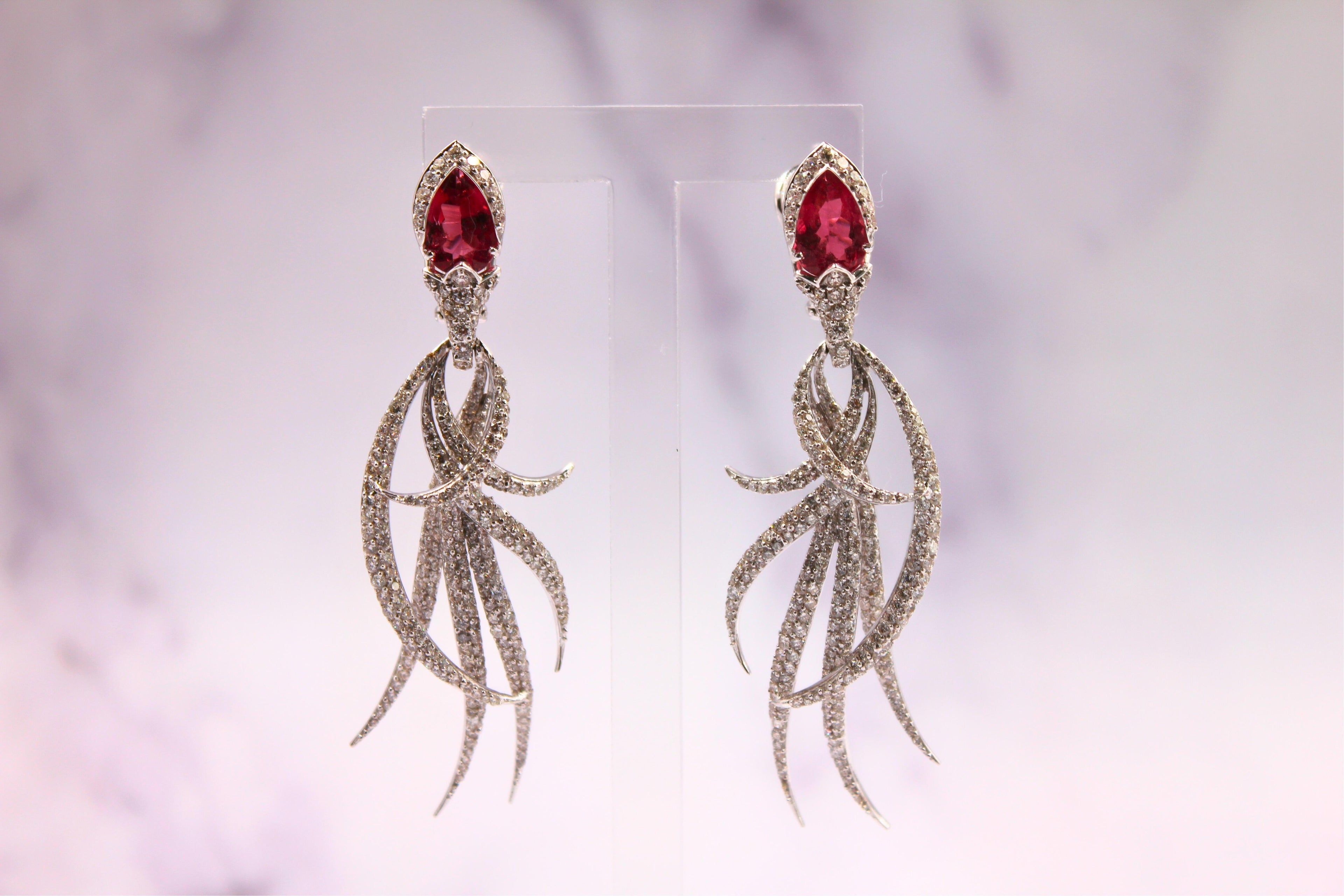 Red Pink Tourmaline Long Feather Diamond Drop 18k White Gold Earrings