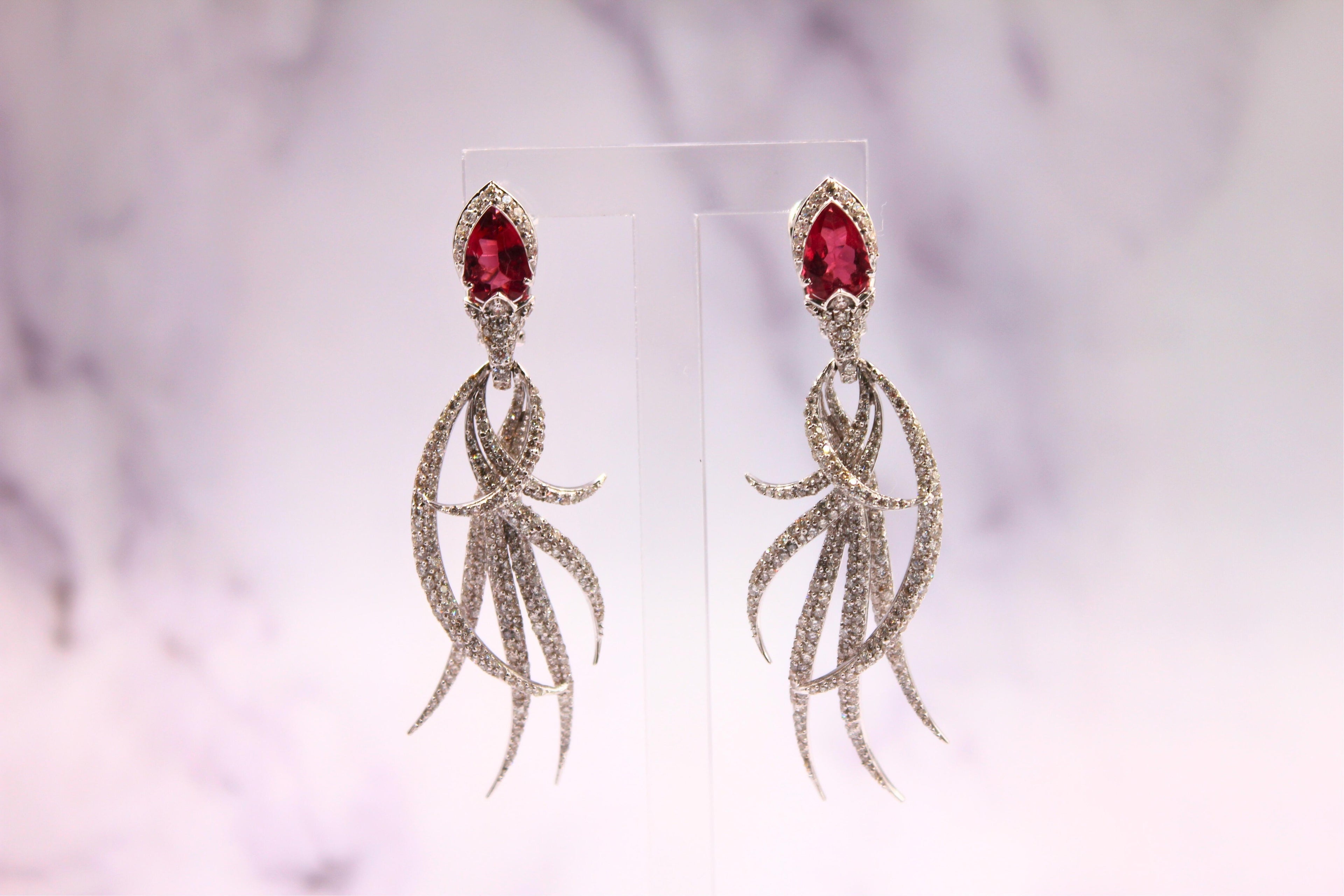 Red Pink Tourmaline Long Feather Diamond Drop 18k White Gold Earrings