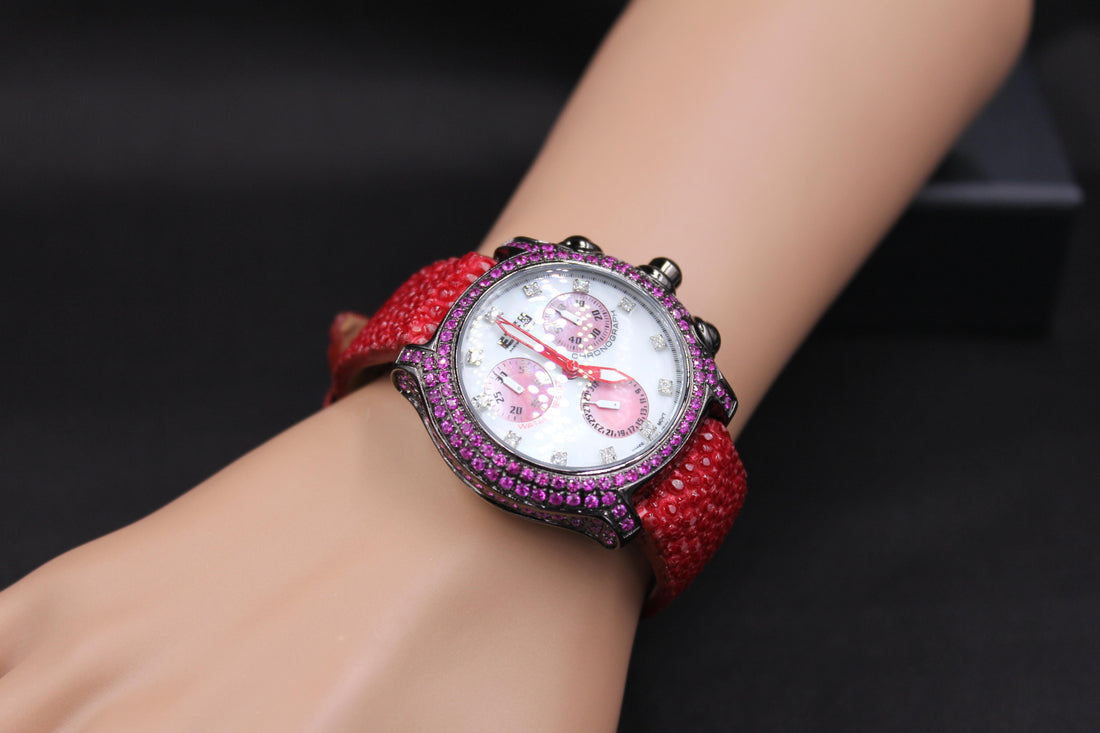 Red Sapphire & Diamond Pave Dial Luxury Swiss Quartz Exotic Leather Band Watch