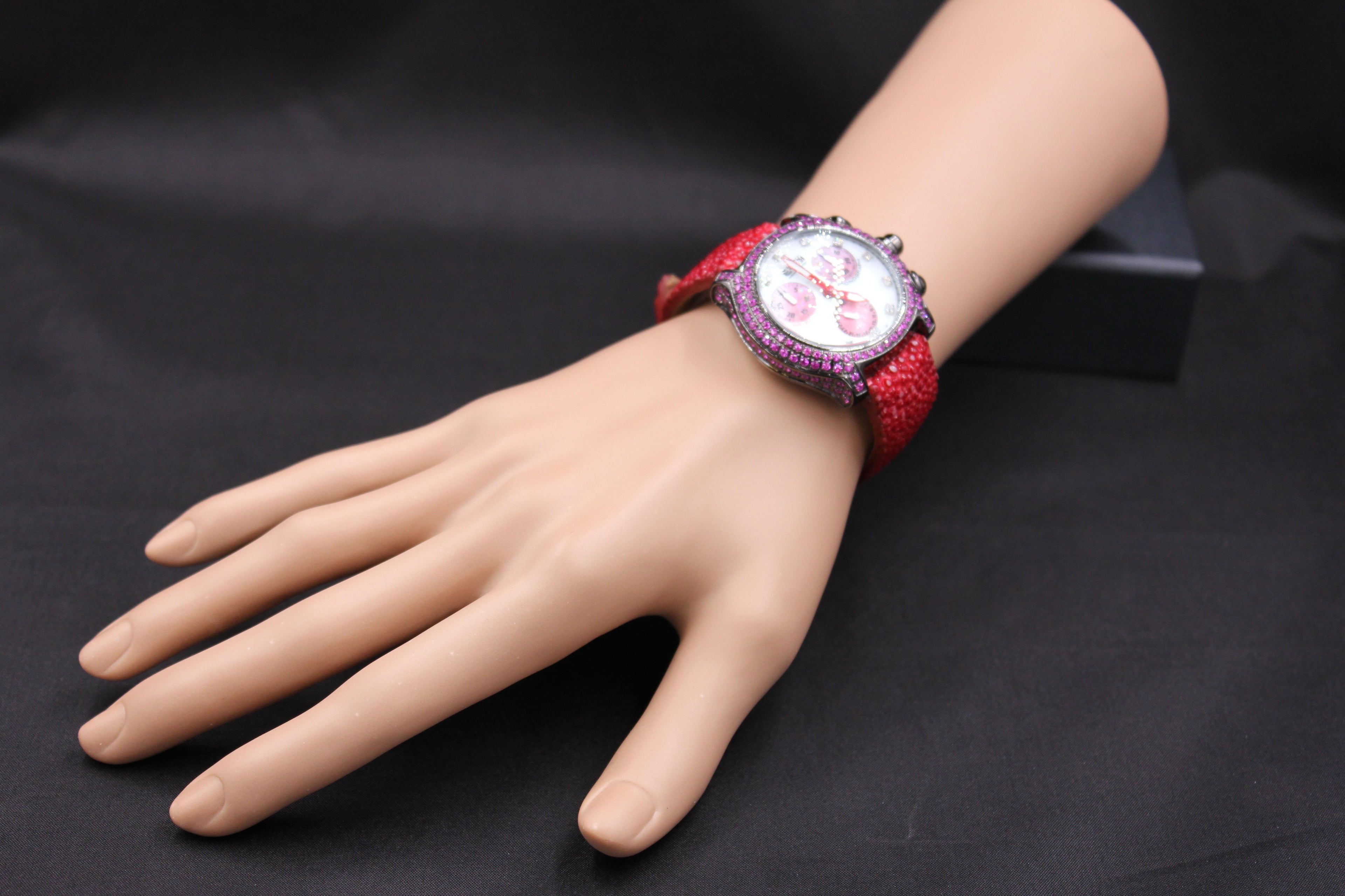 Red Sapphire & Diamond Pave Dial Luxury Swiss Quartz Exotic Leather Band Watch