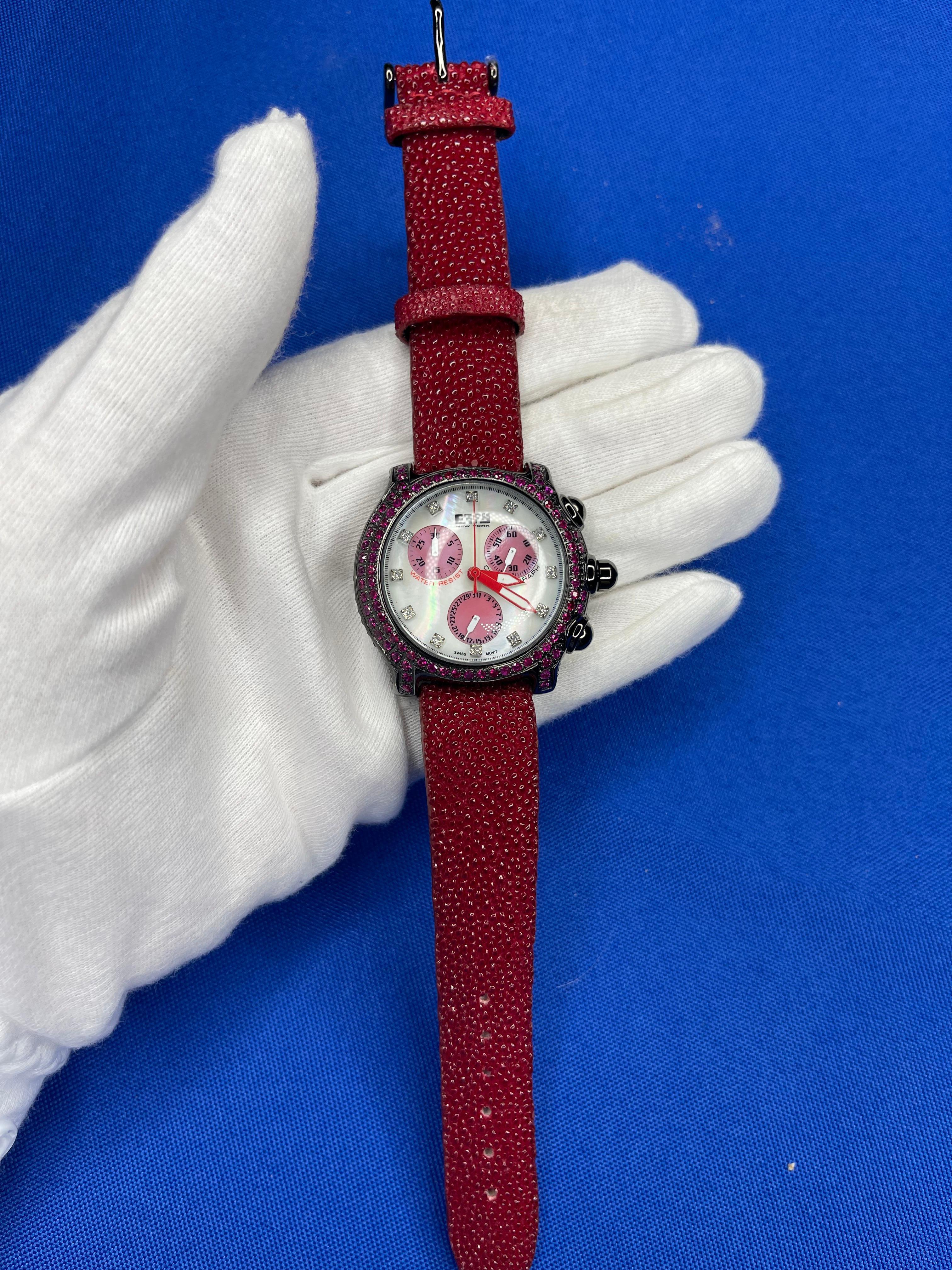Red Sapphire & Diamond Pave Dial Luxury Swiss Quartz Exotic Leather Band Watch