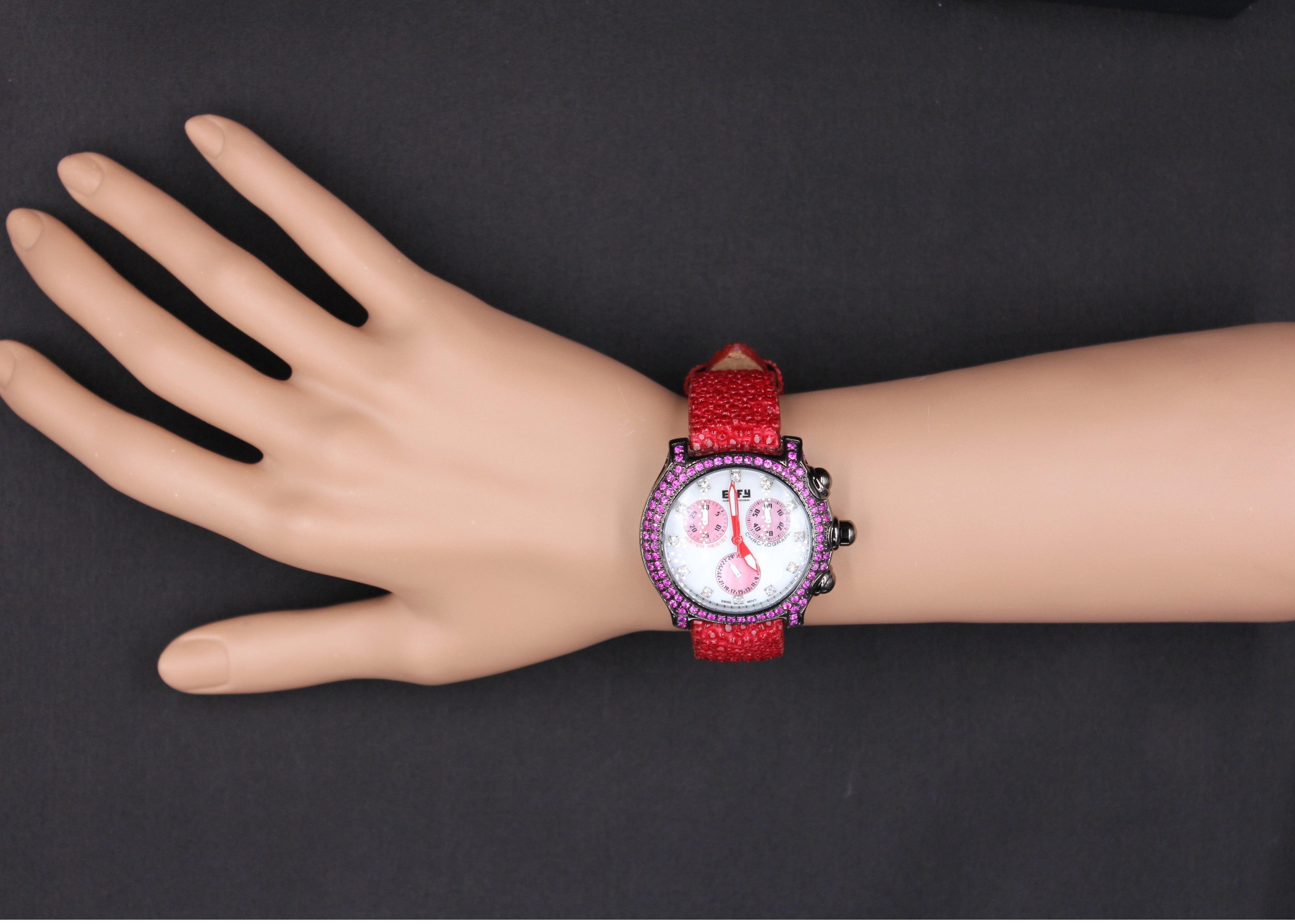 Red Sapphire & Diamond Pave Dial Luxury Swiss Quartz Exotic Leather Band Watch