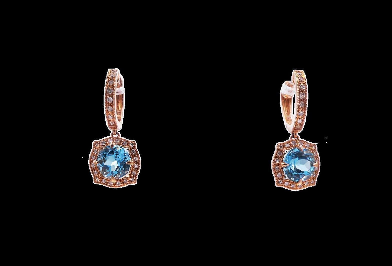 Round Brilliant Cut Blue Topaz Diamond Halo 14 Karat Rose Gold Huggie Drop State