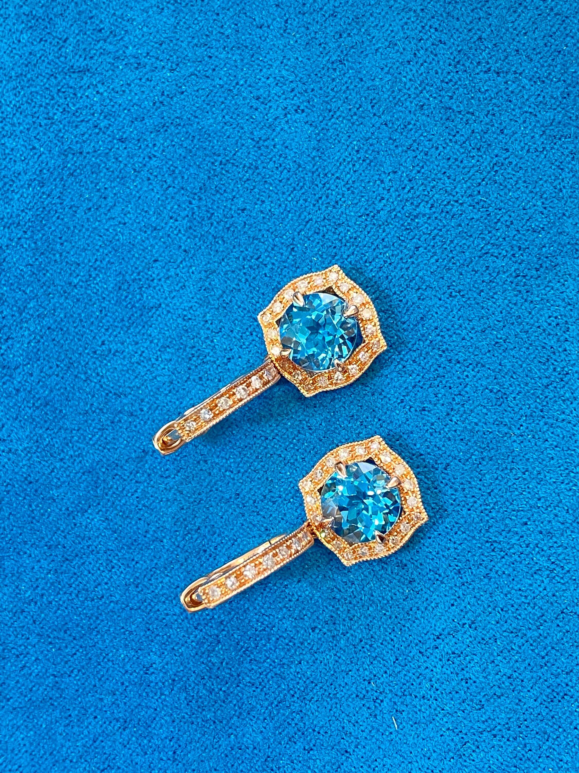 Round Brilliant Cut Blue Topaz Diamond Halo 14 Karat Rose Gold Huggie Drop State