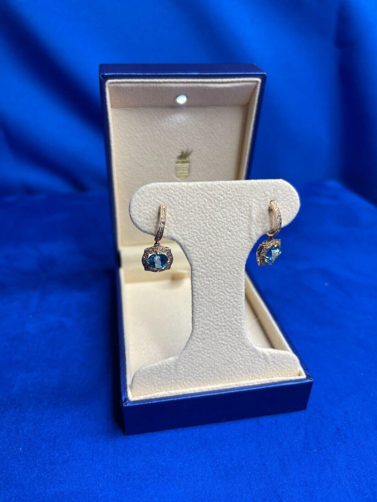 Round Brilliant Cut Blue Topaz Diamond Halo 14 Karat Rose Gold Huggie Drop State