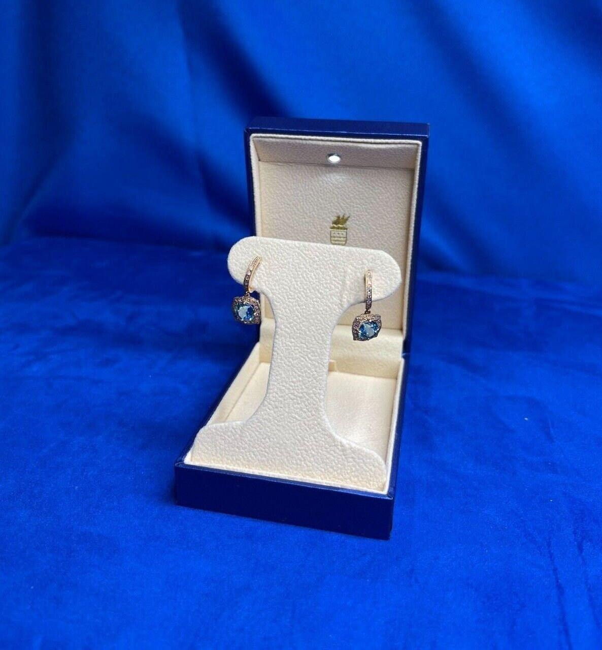 Round Brilliant Cut Blue Topaz Diamond Halo 14 Karat Rose Gold Huggie Drop State