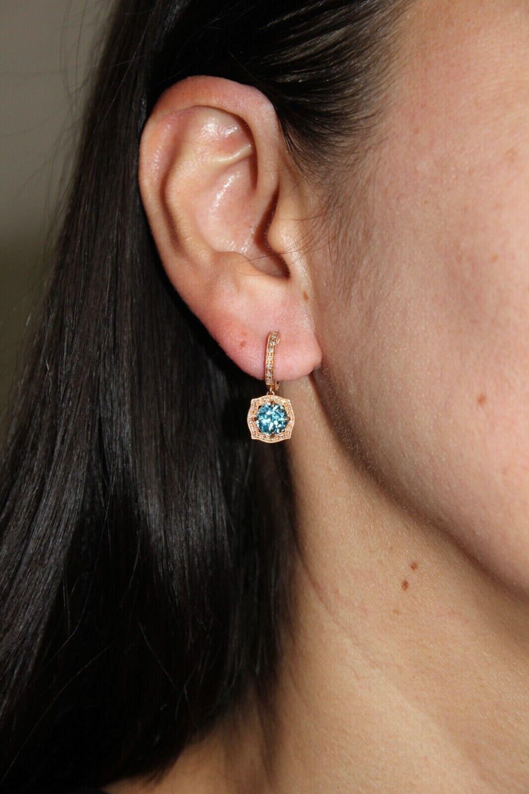 Round Brilliant Cut Blue Topaz Diamond Halo 14 Karat Rose Gold Huggie Drop State