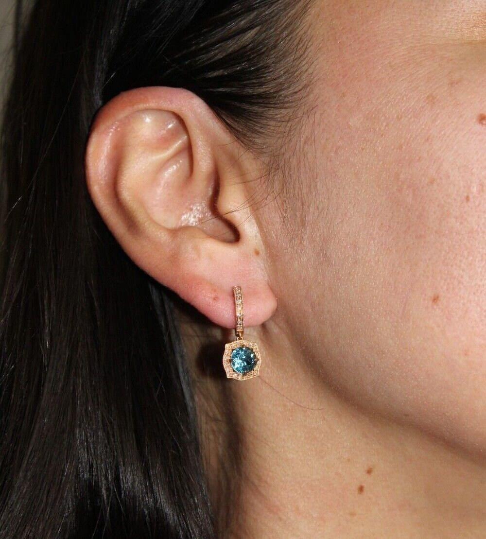 Round Brilliant Cut Blue Topaz Diamond Halo 14 Karat Rose Gold Huggie Drop State