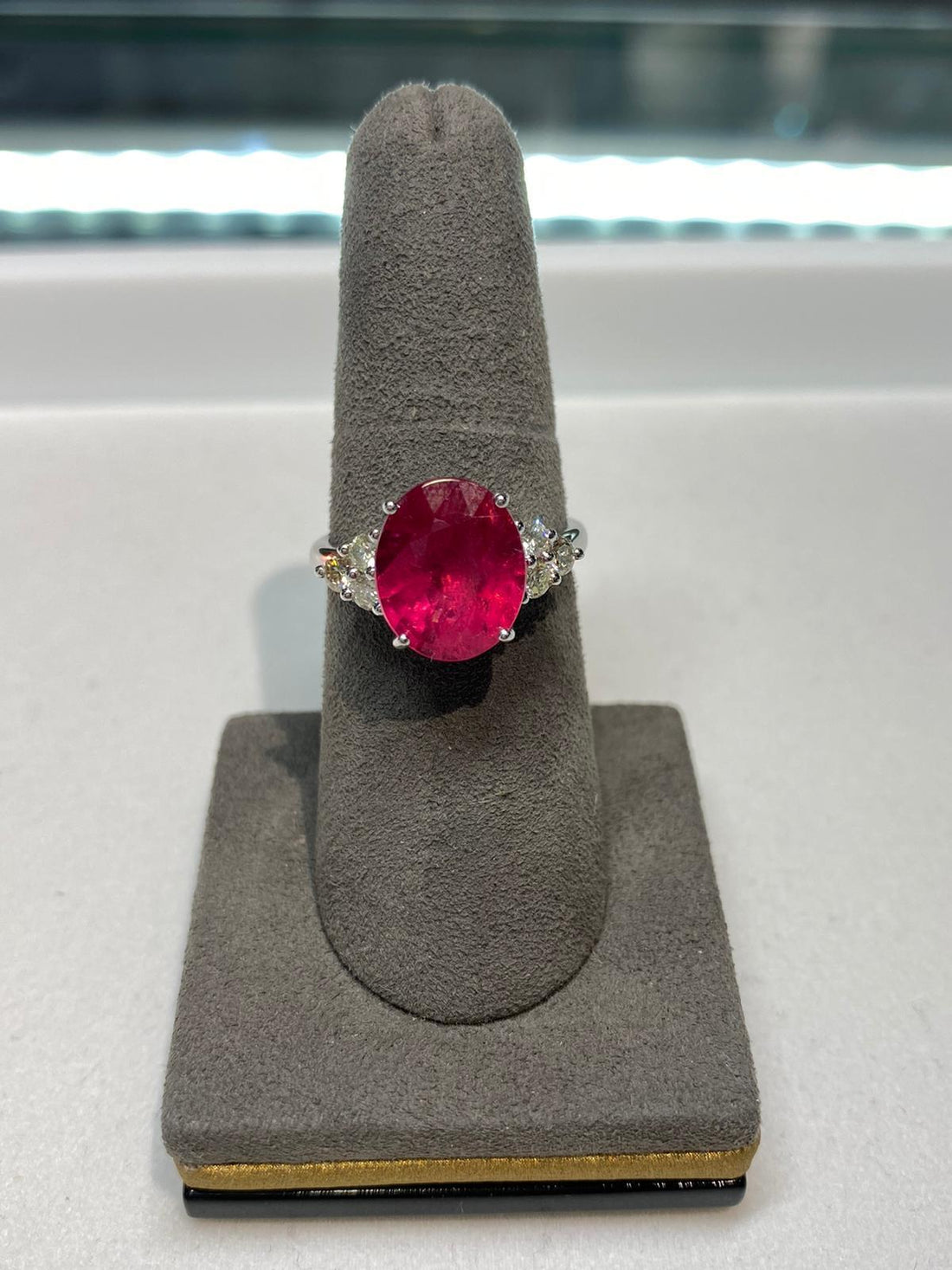 Round Rubellite Pink Tourmaline Diamond Three Stone 18 Karat White Gold Ring