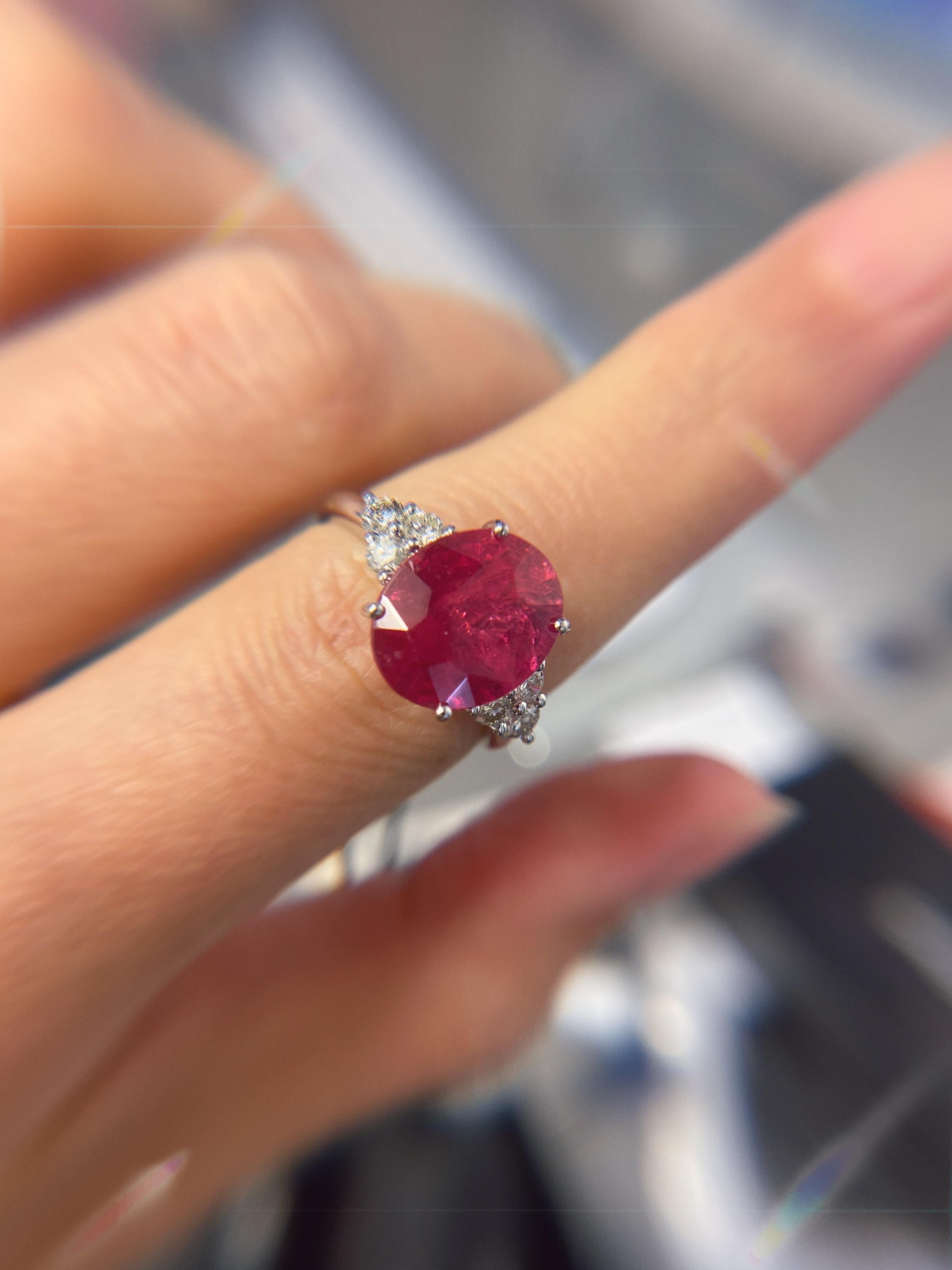 Round Rubellite Pink Tourmaline Diamond Three Stone 18 Karat White Gold Ring