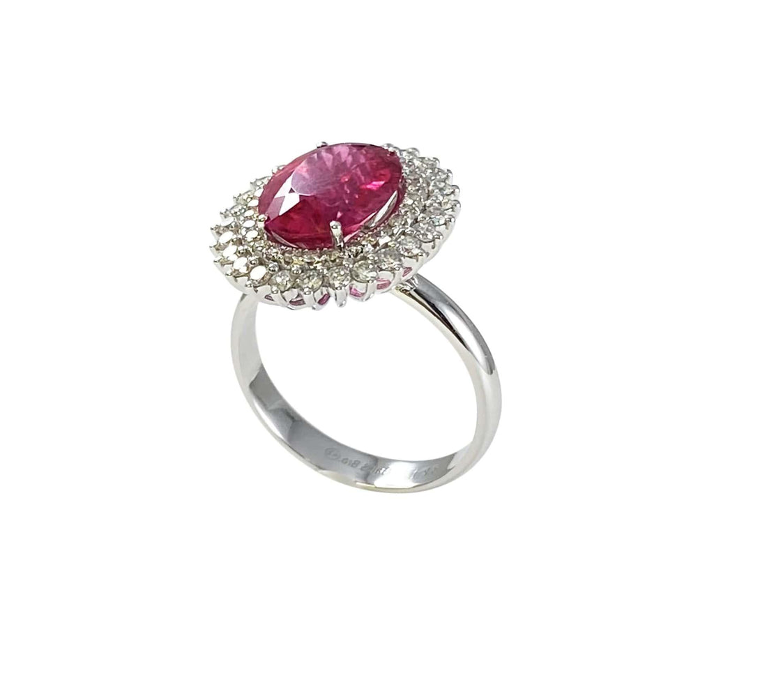 Rubellite Pink Tourmaline Double Diamond Halo Sun Ray 18 Karat White Gold Ring