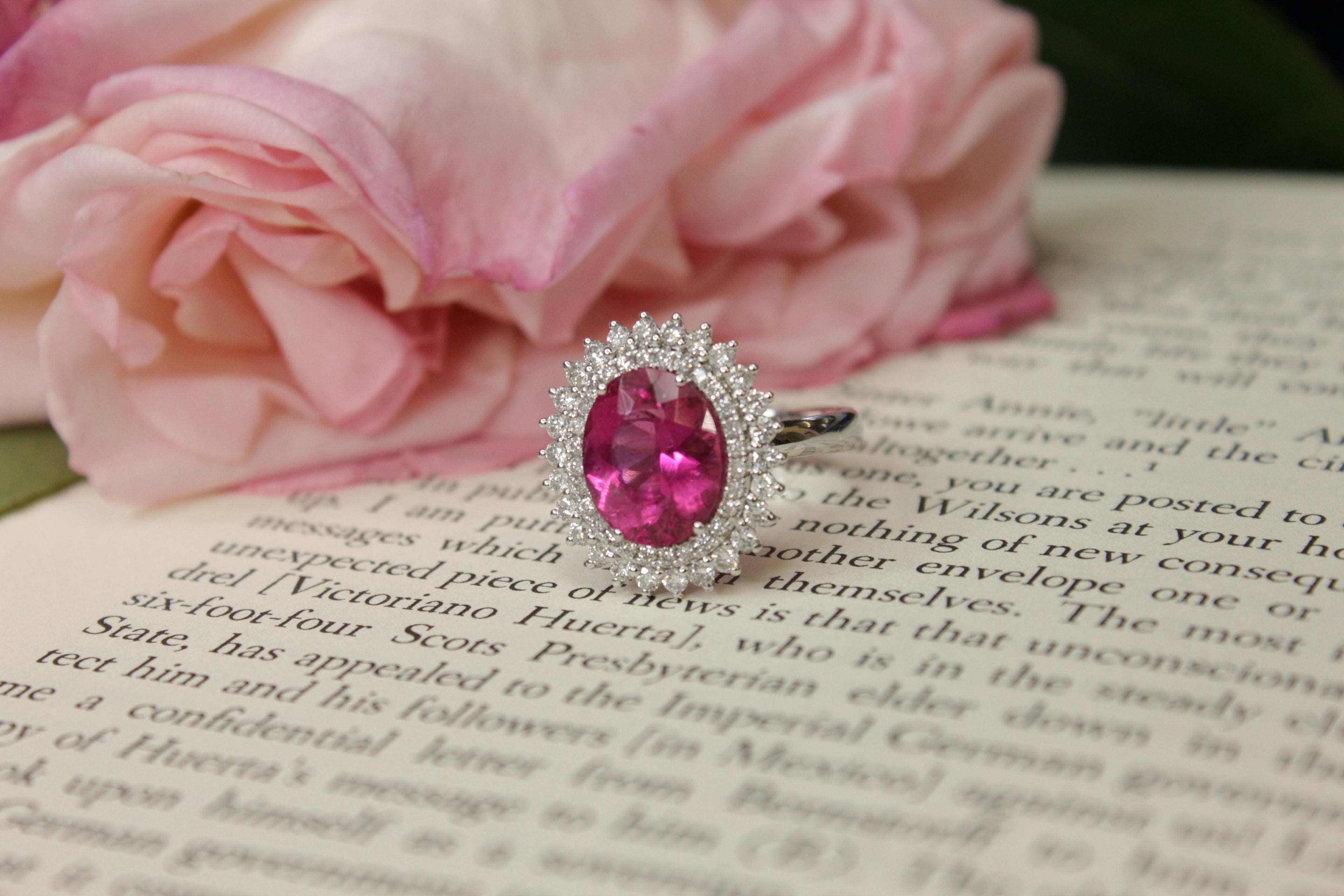 Rubellite Pink Tourmaline Double Diamond Halo Sun Ray 18 Karat White Gold Ring
