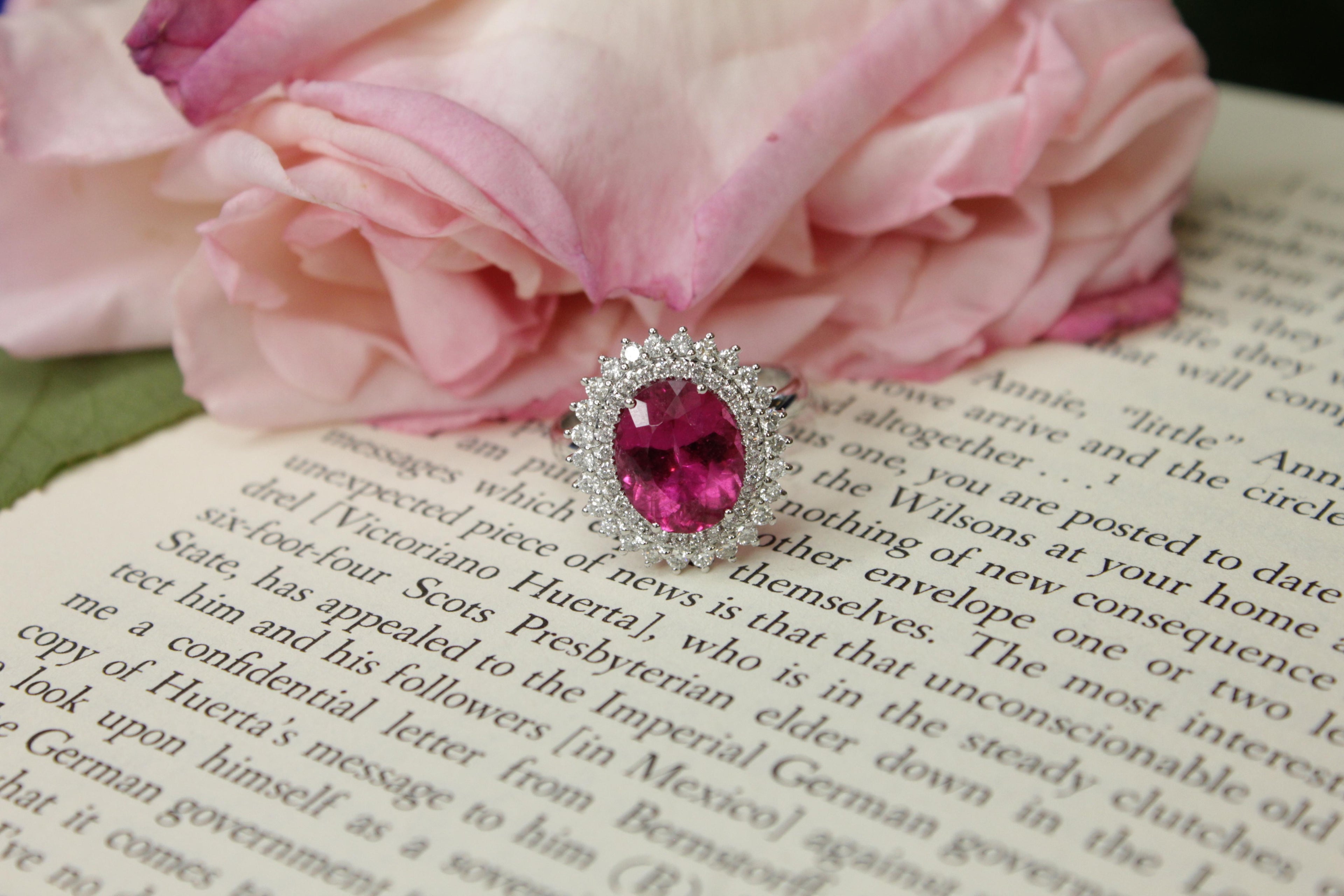 Rubellite Pink Tourmaline Double Diamond Halo Sun Ray 18 Karat White Gold Ring