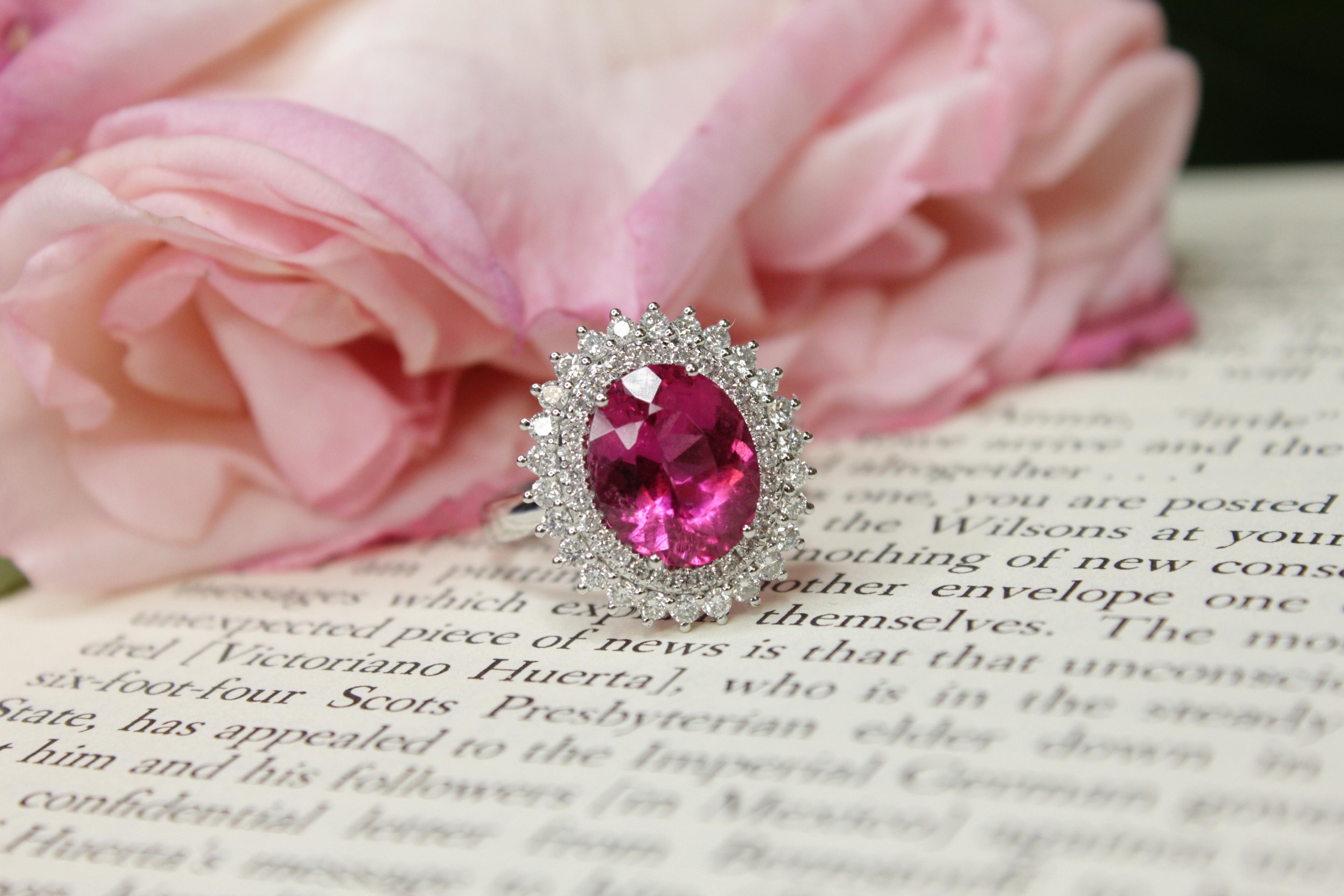Rubellite Pink Tourmaline Double Diamond Halo Sun Ray 18 Karat White Gold Ring