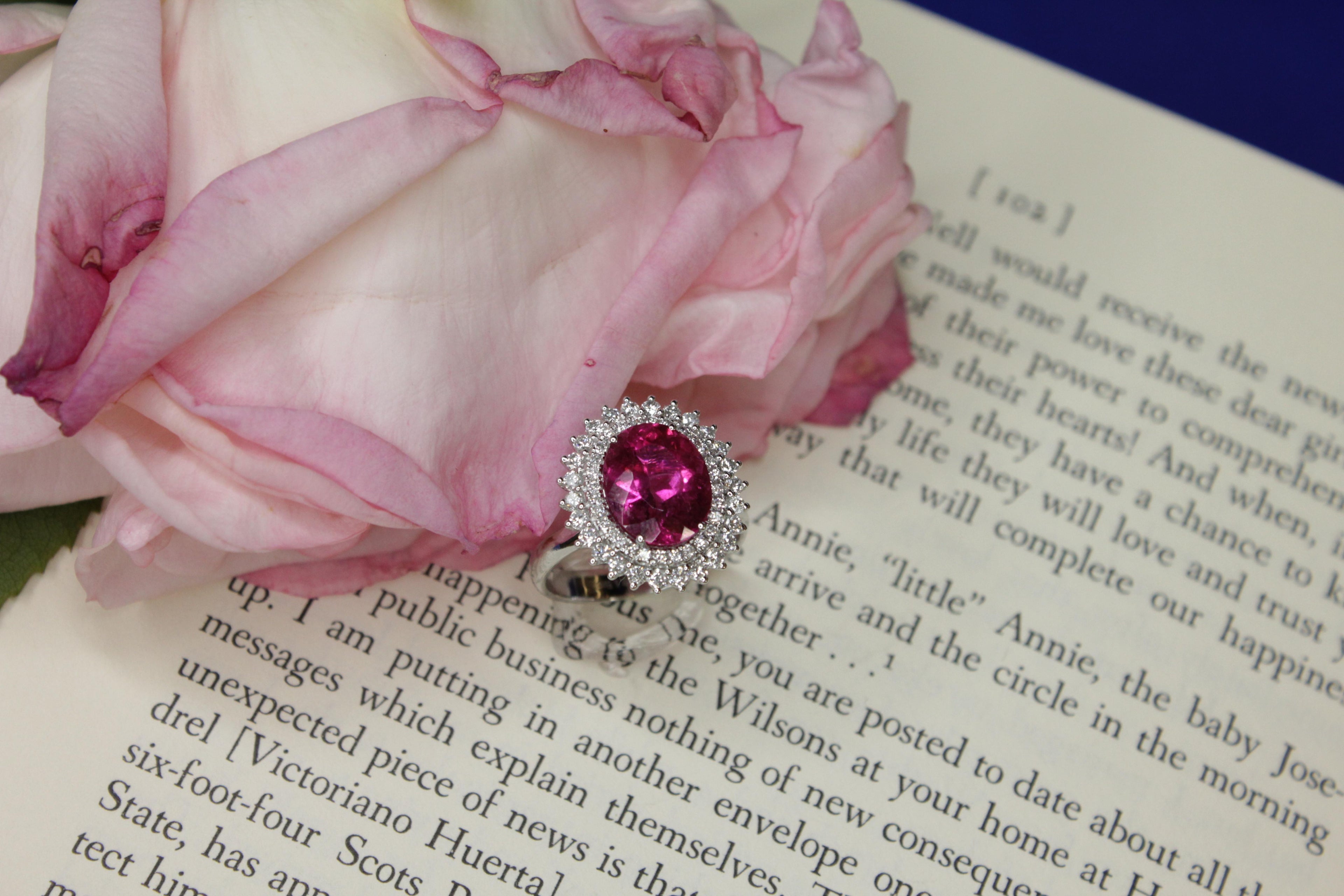 Rubellite Pink Tourmaline Double Diamond Halo Sun Ray 18 Karat White Gold Ring