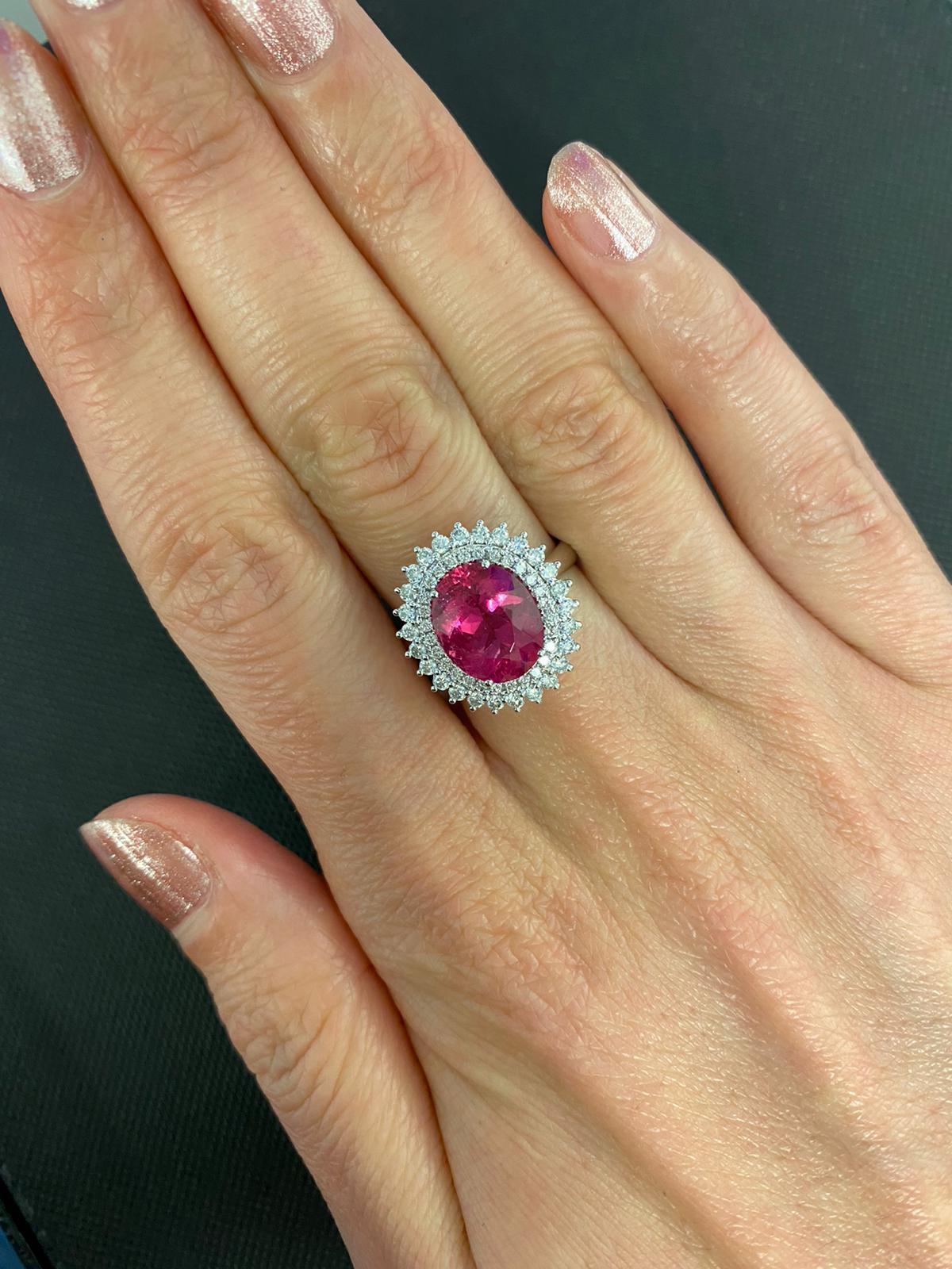 Rubellite Pink Tourmaline Double Diamond Halo Sun Ray 18 Karat White Gold Ring
