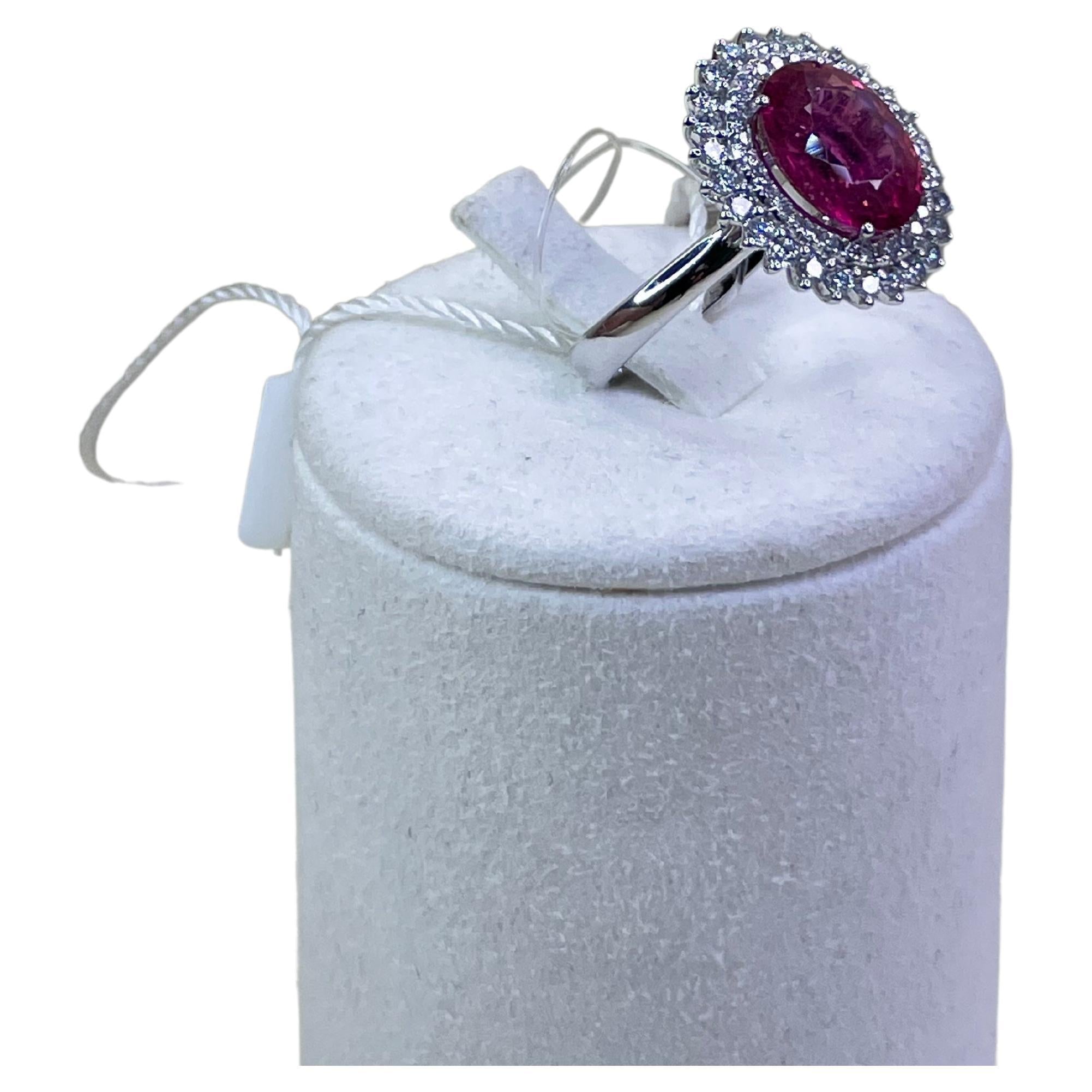Rubellite Pink Tourmaline Double Diamond Halo Sun Ray 18 Karat White Gold Ring