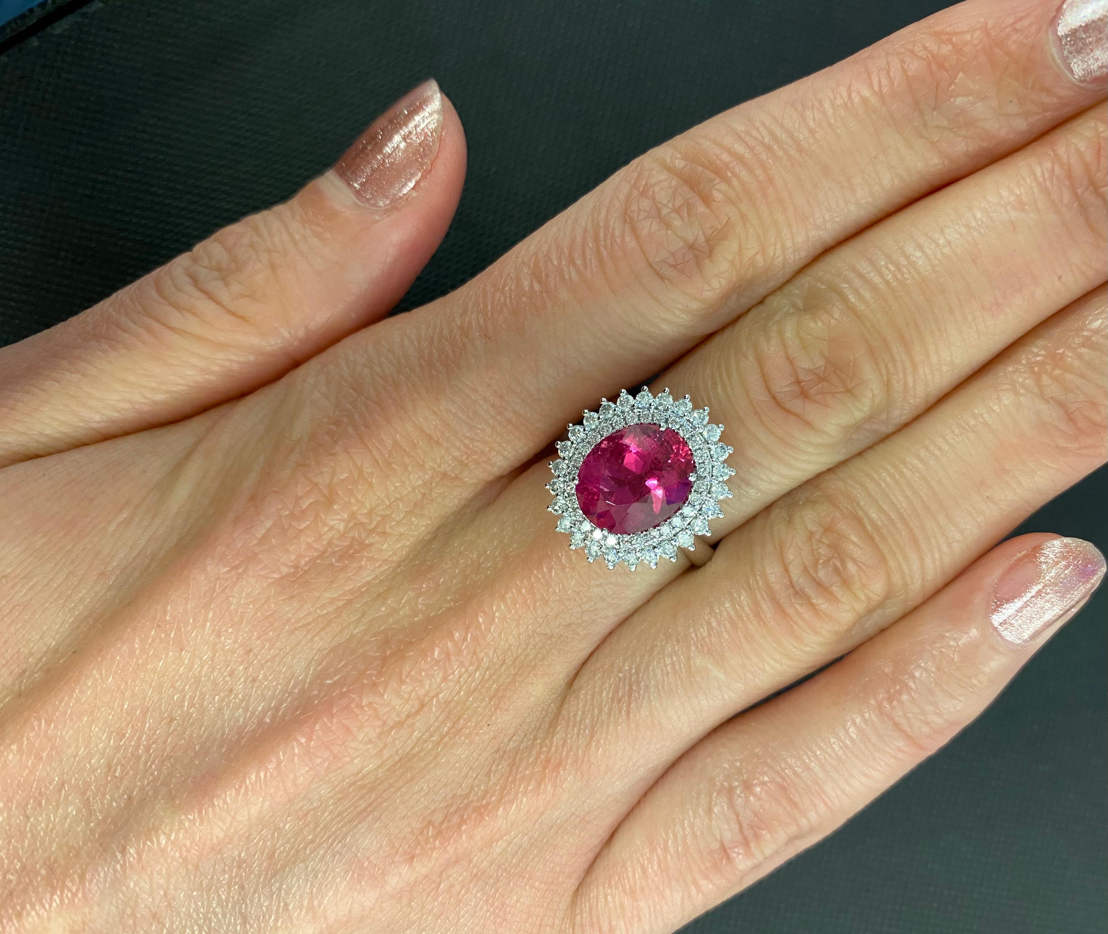 Rubellite Pink Tourmaline Double Diamond Halo Sun Ray 18 Karat White Gold Ring