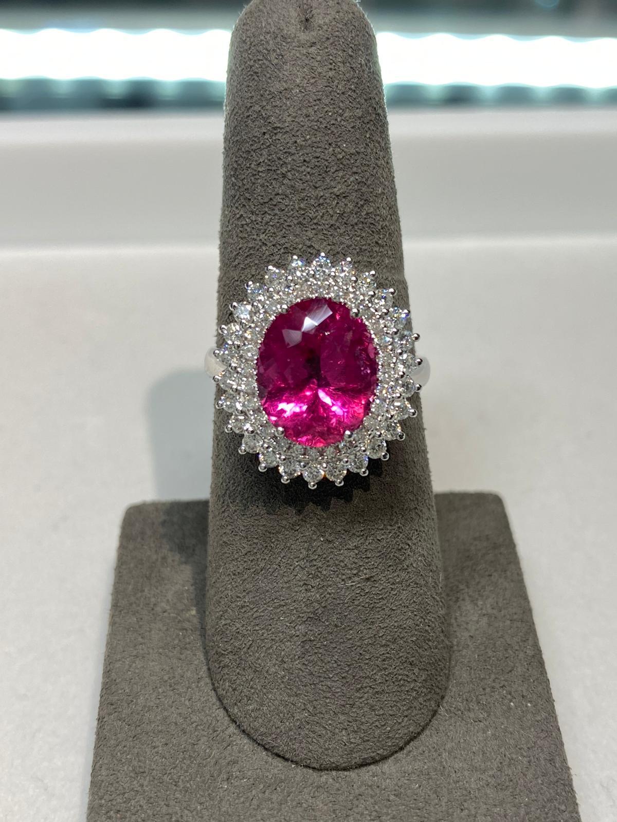Rubellite Pink Tourmaline Double Diamond Halo Sun Ray 18 Karat White Gold Ring