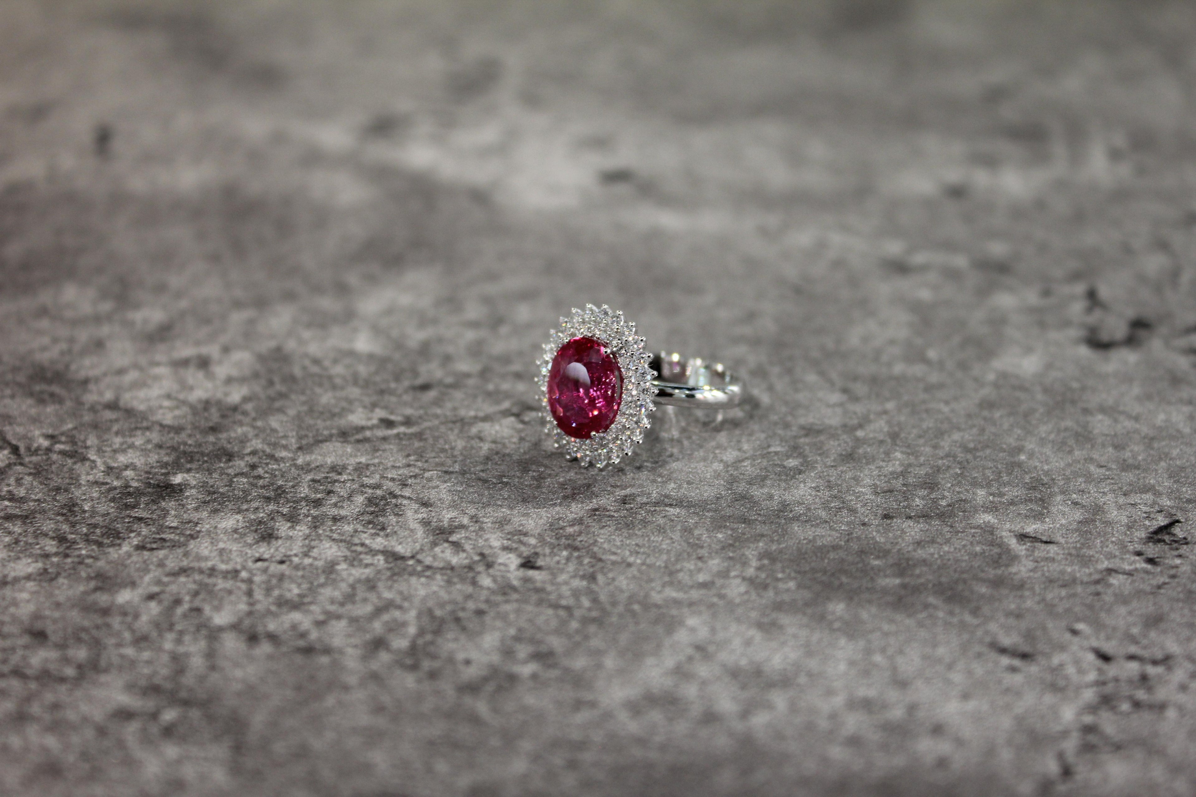 Rubellite Pink Tourmaline Double Diamond Halo Sun Ray 18 Karat White Gold Ring