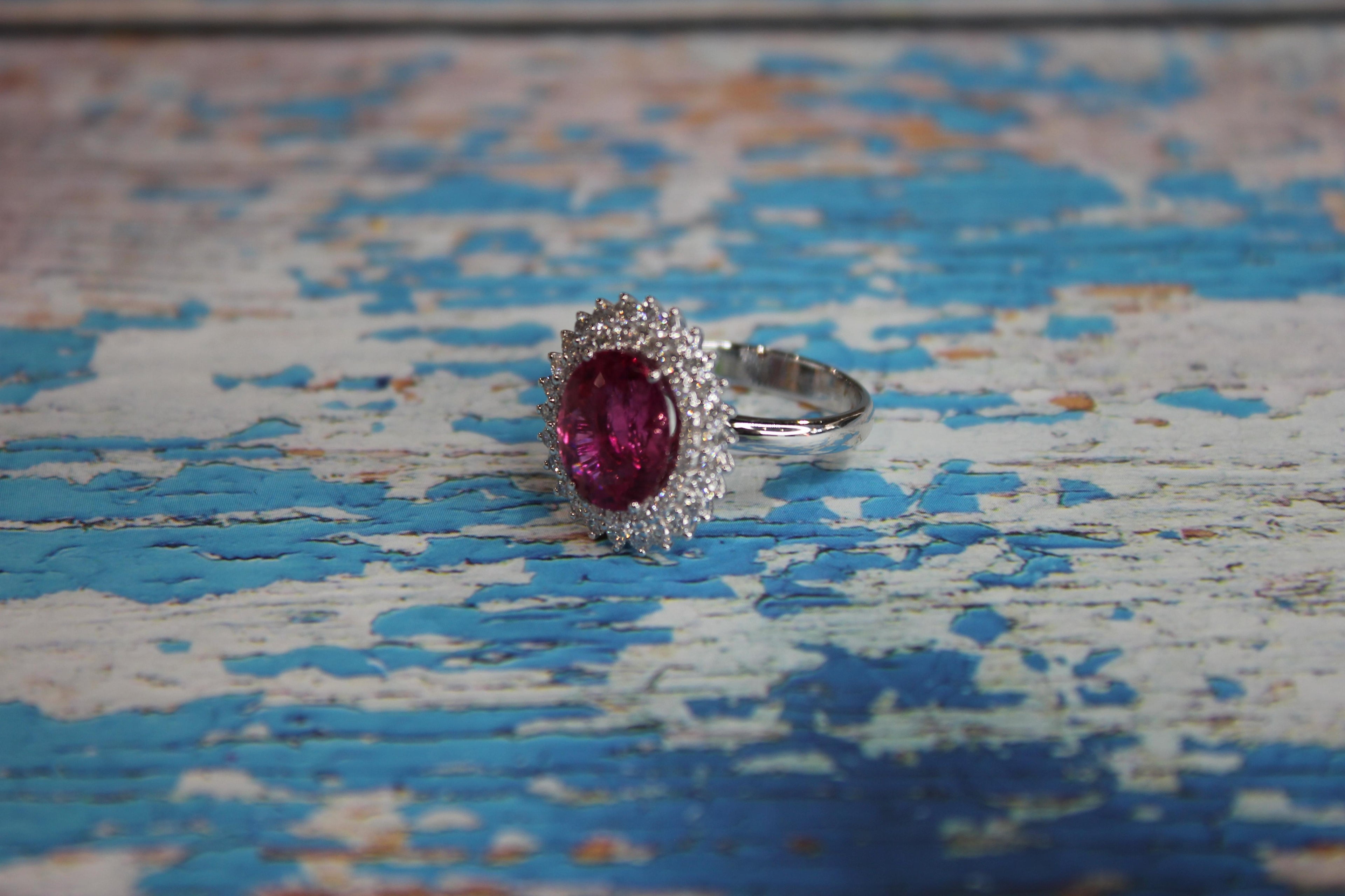 Rubellite Pink Tourmaline Double Diamond Halo Sun Ray 18 Karat White Gold Ring