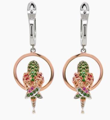 Multicolor Sapphire & Green Garnet & Diamond Parrot Bird 18K Two Tone Earrings