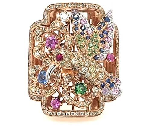Multicolor Sapphire & Diamond Pave Hummingbird Flower 18K Rose Gold Animal Ring