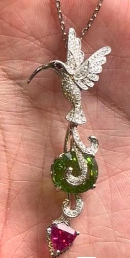 Green Peridot & Tourmaline Diamond Pave Hummingbird White Gold Pendant Necklace