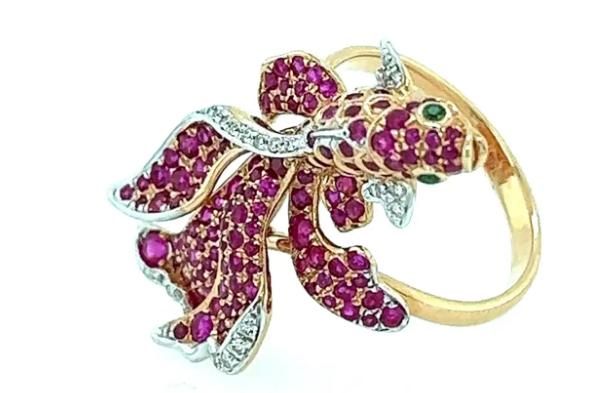 Sea Koi Fish Ruby & Diamond Pave & Green 18K Rose Gold Animal Ring