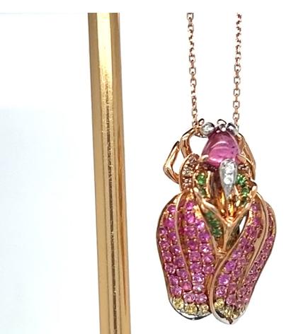 Bug Pink Tourmaline Diamond Sapphire & Garnet 18K Rose Gold Pendant Necklace