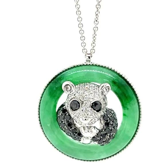 Panda Bear Jade Black & White Diamond 18K White Gold Pendant Necklace