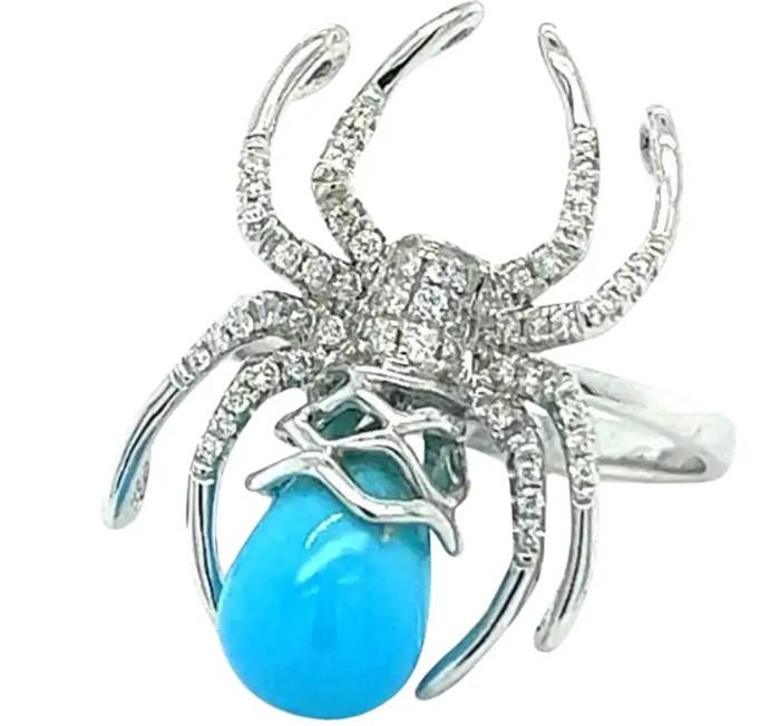 Turquoise White Diamond 18K White Gold Spider Insect Animal Ring