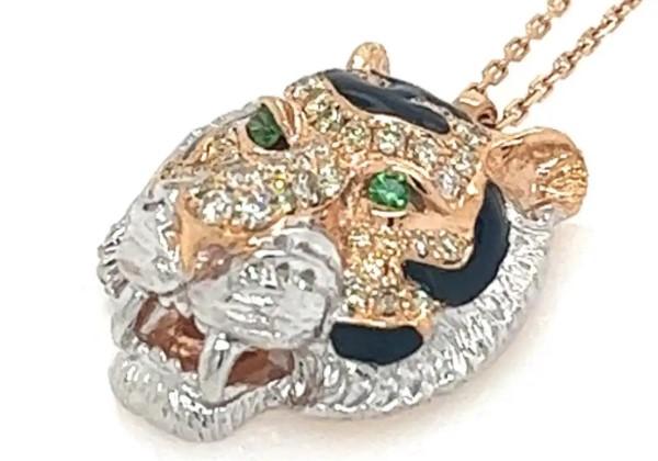 Tiger Fancy Diamond Onyx & Ruby 18K Rose & White Gold Pendant Necklace