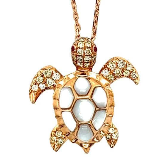 Turtle Fancy Diamond & Ruby & White Pearl 18K Yellow Gold Pendant Necklace