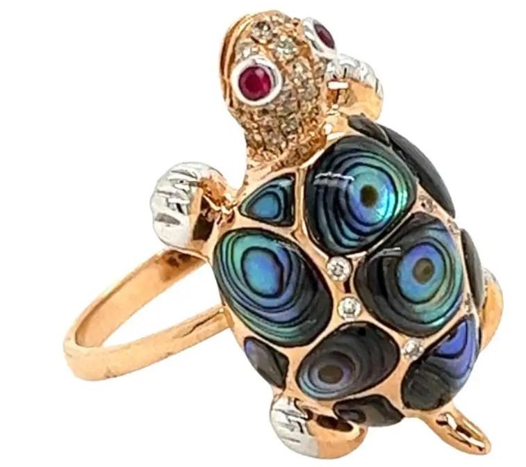 Abalone Shell Fancy Diamond Ruby & White Diamond 18K Rose Gold Turtle Ring