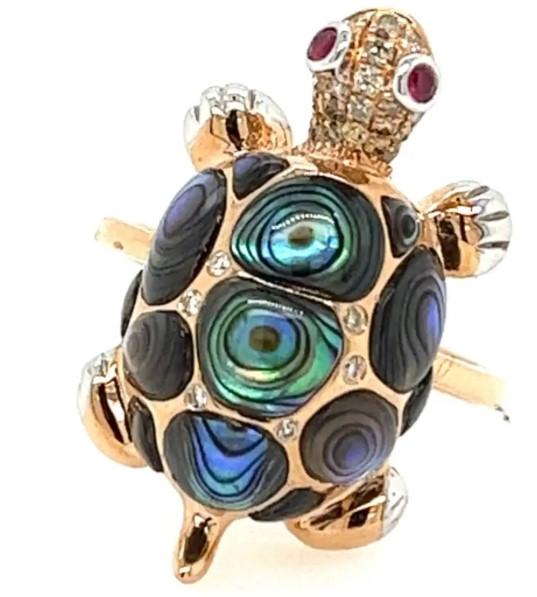 Abalone Shell Fancy Diamond Ruby & White Diamond 18K Rose Gold Turtle Ring