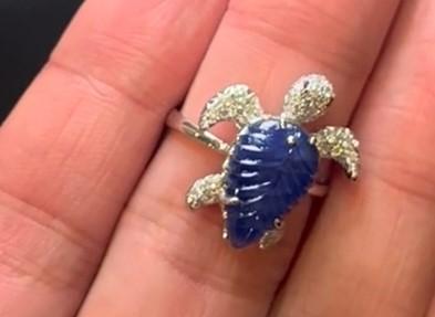 Turtle Blue Sapphire & White Diamond & Ruby 18K White Gold Animal Ring