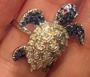 Turtle Blue Sapphire White Diamond & Ruby 18K White Gold Animal Ring