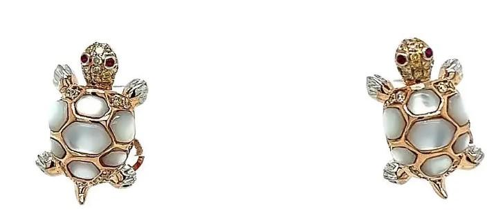 Turtles Fancy Diamond Red Ruby & White Pearl 18K Yellow Gold Animal Earrings