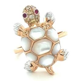 Turtle Fancy Diamond Ruby & White Pearl 18K Rose Gold Animal Ring