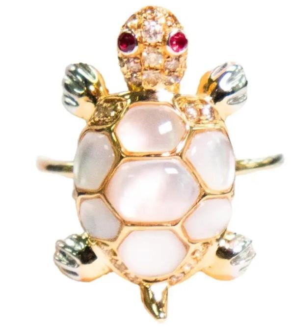 Turtle Fancy Diamond Ruby & White Pearl 18K Yellow Gold Animal Ring