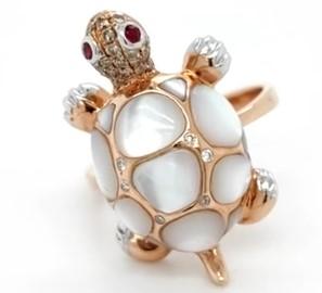 White Pearl  Fancy Diamond Ruby & White Diamond 18K Rose Gold Turtle Ring