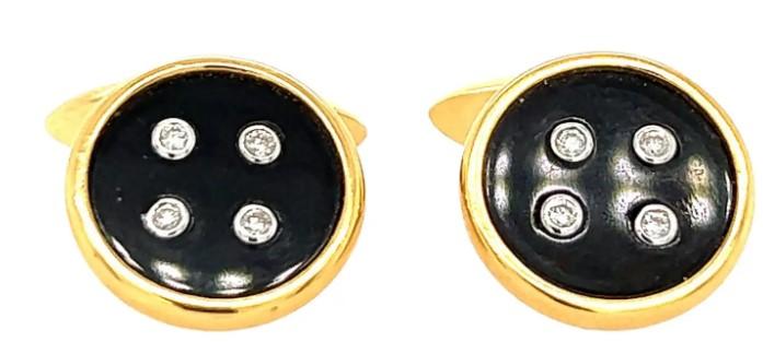 Black Onyx & White Diamond 18K Yellow Gold Button Cufflinks
