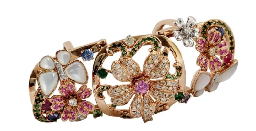 Multi Color Rainbow Gem & Fancy Diamond  lower 18K Rose Gold Full Finger Ring