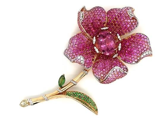 Pink Tourmaline & Ruby & Pink Sapphire & Multi Gem Floral Rose Gold Pin Brooch