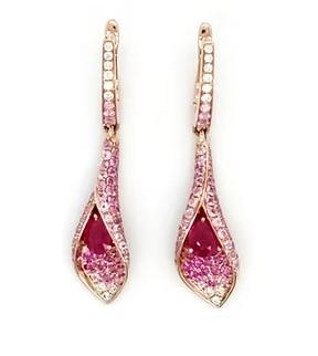 Pink Sapphire & Ruby & White Diamond Pave Set Floral 18K Rose Gold Drop Earrings